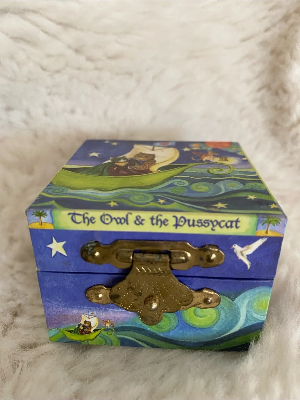 The Owl & the Pussycat Blue Tooth Fairy Jewelry Box with Brass Latch